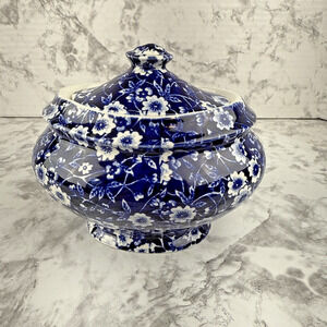 Burleigh Staffordshire Calico Lidded Sugar Bowl Blue Floral Ironstone